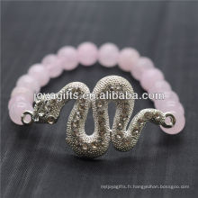 Vente en gros de pierres naturelles à quartz rose avec bracelet en argent et serpent diamant